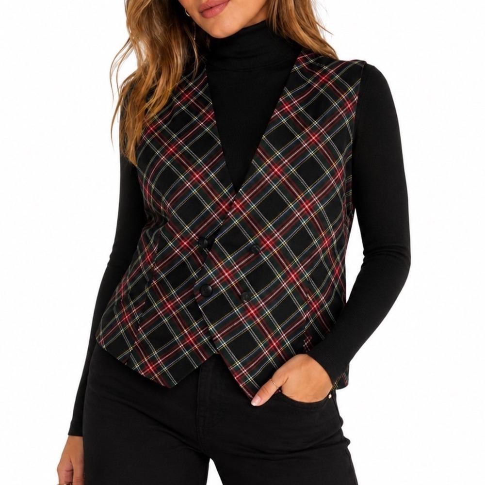 Vintage Amanda Fielding Wool Tartan‎ Plaid Vest Double Breasted Green Red 10 USA